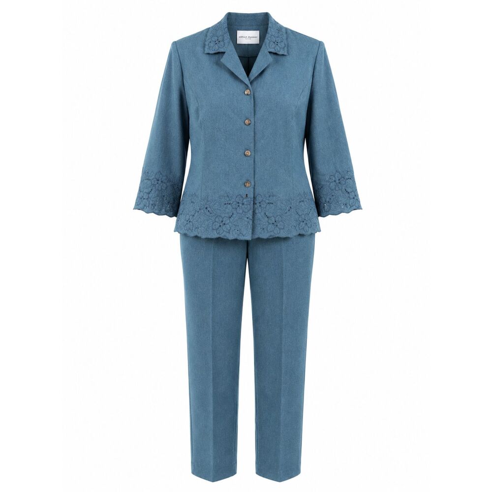 Alfred Dunner Petite Blue Floral Embroidered 2 Piece Pant Suit 8P 12P 3358